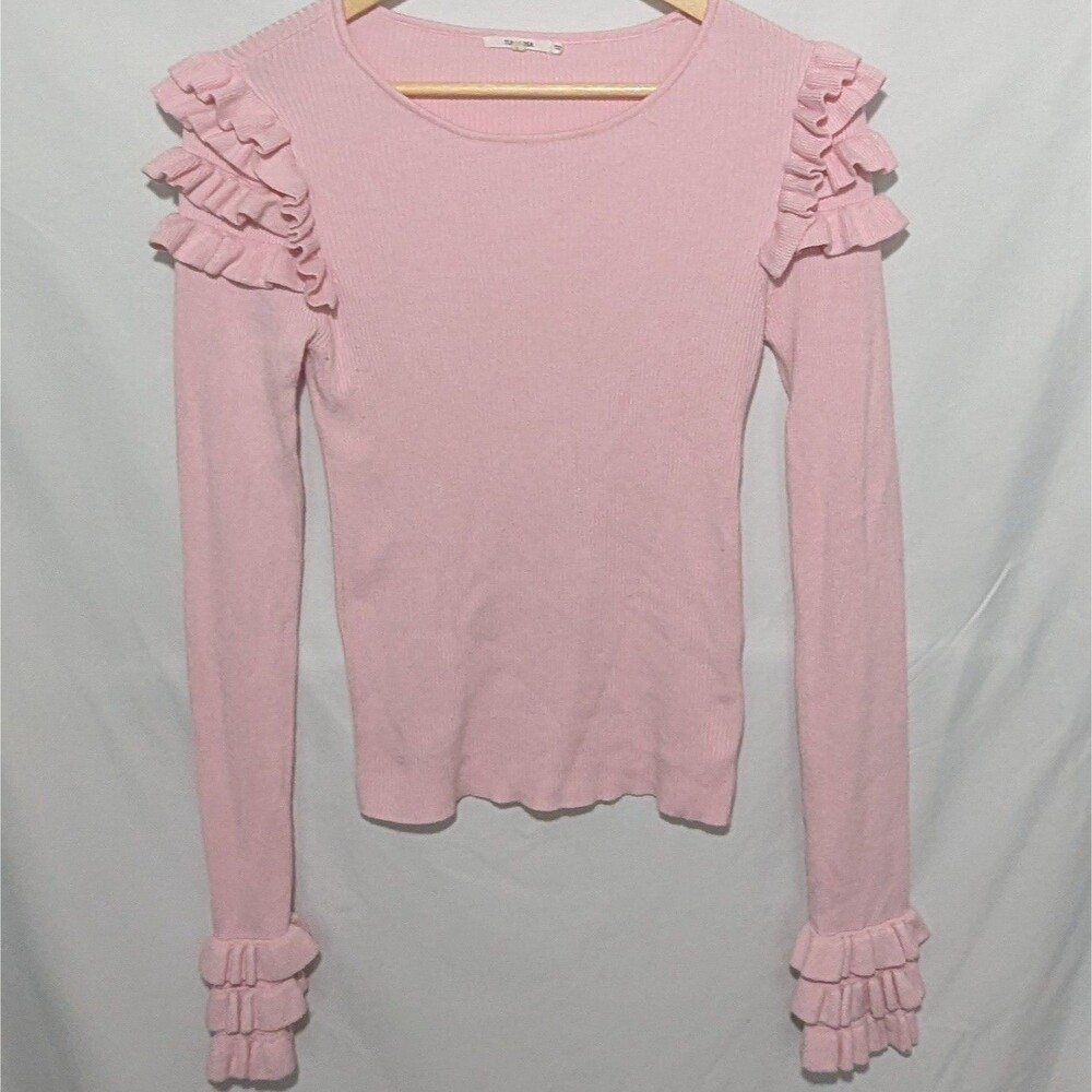 Tularosa Women's Pink Ribbed Sweater sz S Cropped Ruffle Sleeves Fairycore